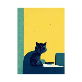 Office Manager Cat Retro Poster Vintage Art Office Wall Worker Yellow Illustration T-Shirt