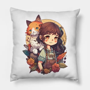 Girl & Ginger Cat Kawaii Anime Floral Cat Lover Pillow