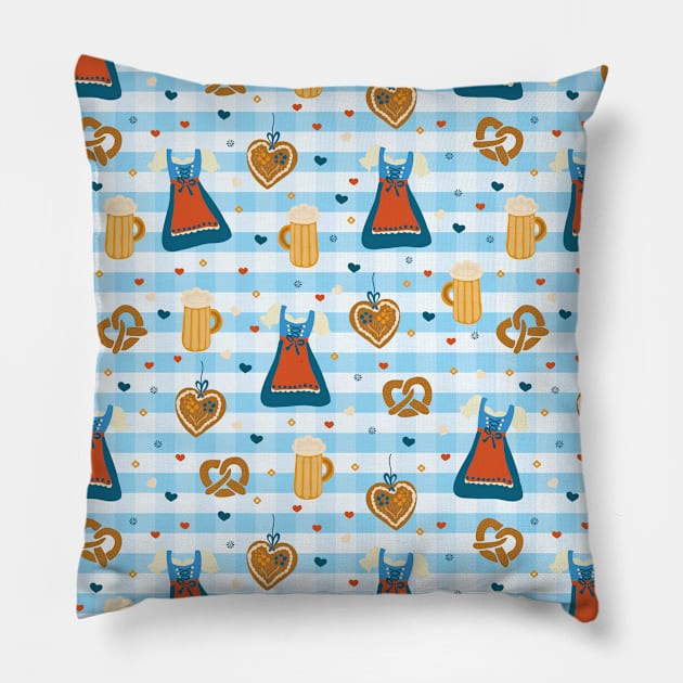 Oktoberfest print. Dirndl dress, beer glasses, pretzels, and gingerbread hearts on a blue and white checkered background. Pillow by Sandra Hutter Designs