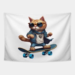 a cat riding a skateboard wearing sunglasses Tapestry