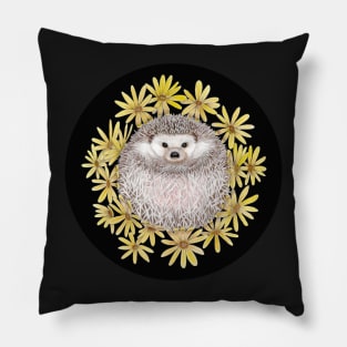 Hedgehog and Daisies (Black Background) Pillow