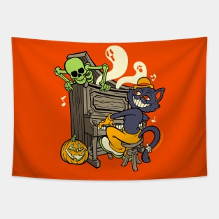 Black Cat Pianist and Halloween Ghouls Tapestry