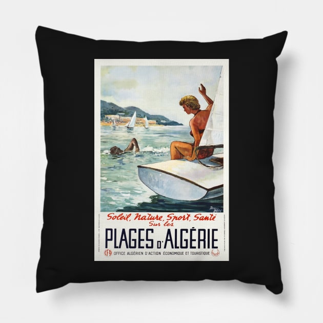 Plages d' Algerie, Travel Poster Pillow by BokeeLee
