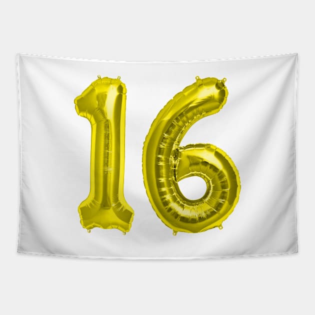 Yellow Gold 16th Birthday Metallic Helium Balloons Numbers Tapestry by podartist