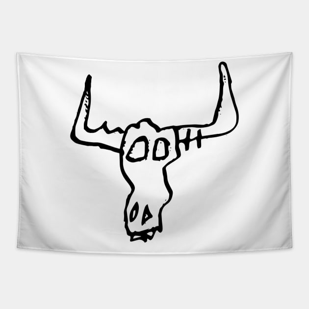 Bull Skull Doodle Black Tapestry by Mijumi Doodles