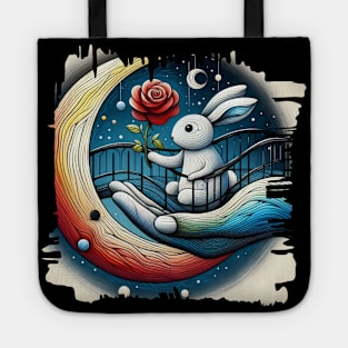 Illustration of a Rabbit stands on a bridge and gives a rose to the moon. Tote