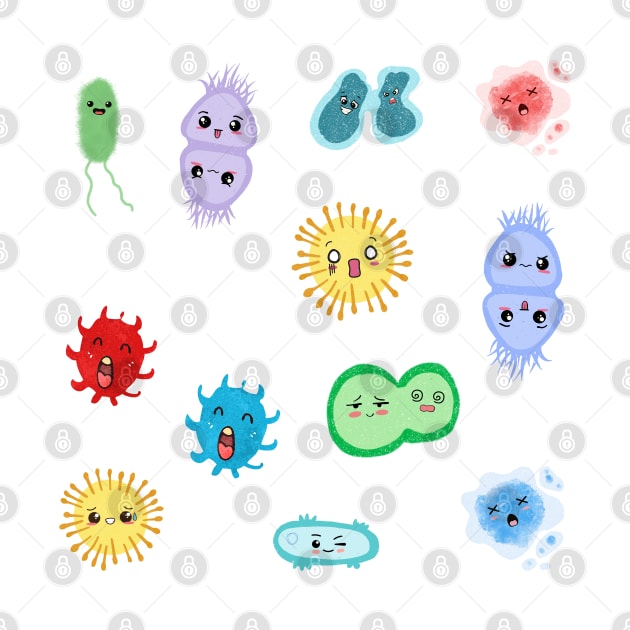 Cute Microbes Bacteria, Virus, Ecoli, MicroBiology Seamless Pattern Sticker Pack. by labstud