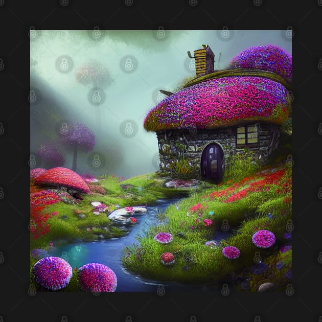 Sparkling Fantasy Cottage with Lights and Glitter Background in Forest, Scenery Nature by Promen Art