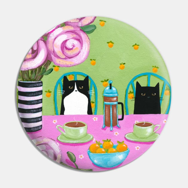 Morning French Press Coffee Cats Pin by KilkennyCat Art