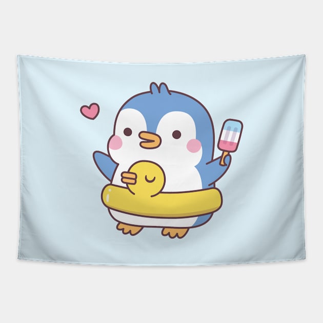 Cute Penguin With Duck Pool Float Tapestry by rustydoodle