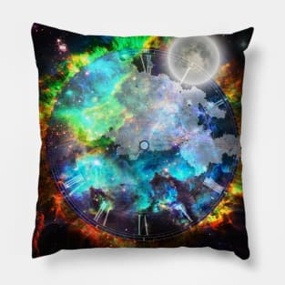 Moon in fantasy space with clock face Pillow