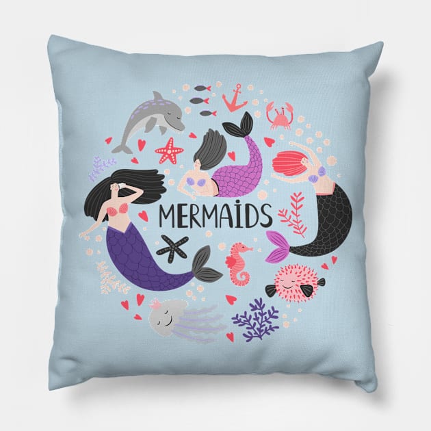 Mermaids doodle ocean animals Pillow by Mako Design 