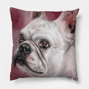 Painting of a White French Bulldog on Pink Red Background Pillow