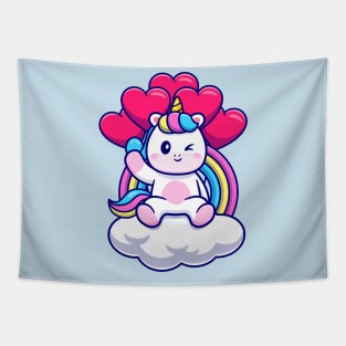 Cute Unicorn Sitting On Cloud With Rainbow And Love  Balloon Cartoon Tapestry