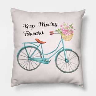 Classic Baby Blue Spring Bicycle Keep Moving Froward Quote Pillow