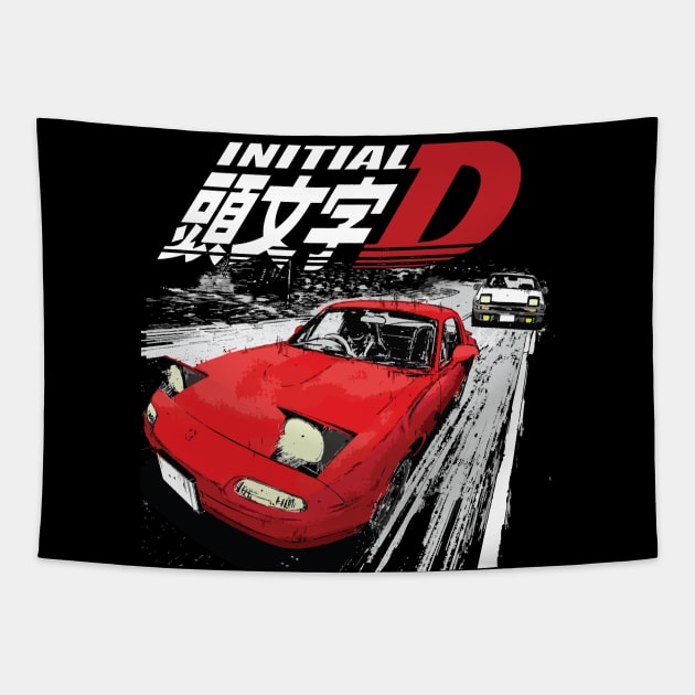 Takumi Fujiwara 86 vs Toru Suetsugu mx-5 Drift Car Battle Tapestry by cowtown_cowboy