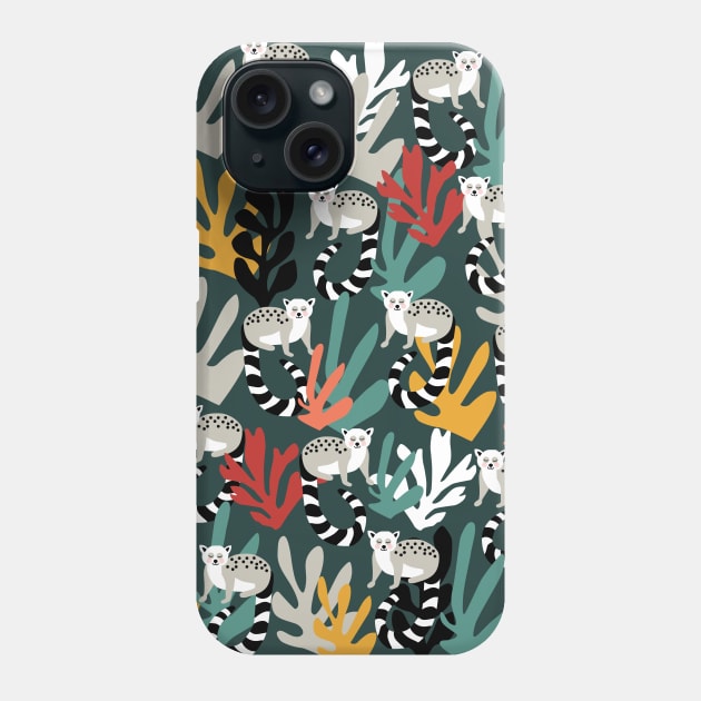 Cute Lemur and Tropical Leaves Pattern Phone Case by kapotka