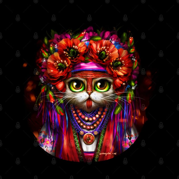 A Ukrainian cat Motanka in folk costume with a wreath of flowers on her head by Marysha_art