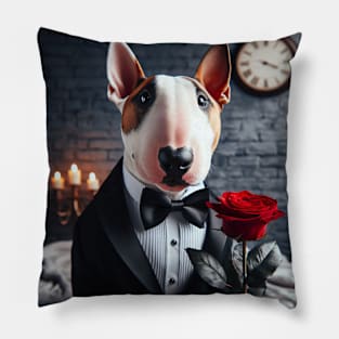 Bull terrier dog in formal tuxedo with rose and candlelight Pillow