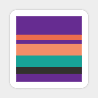 A solitary confection of Orange Pink, Faded Orange, Christmas Purple, Blue/Green and Dark Grey stripes. Magnet