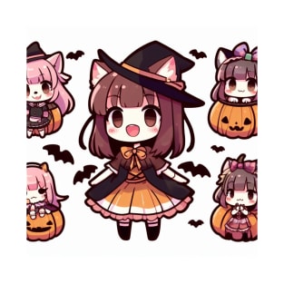 cute kawaii anime girl witch with pumpkin, halloween design T-Shirt