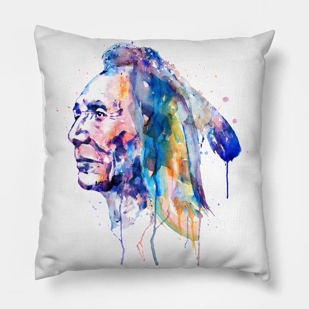 Sioux Warrior Watercolor Pillow by Marian Voicu