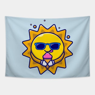 Cute Sun Wearing Glasses Eating Ice Cream Cartoon Tapestry