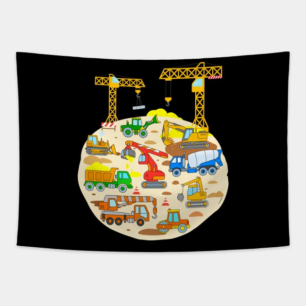 Construction Vehicle Design with Trucks Digger Bulldozer Cranes Tapestry by samshirts