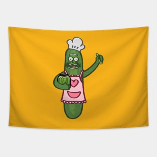 Chef pickle holding jar of pickles cartoon Tapestry