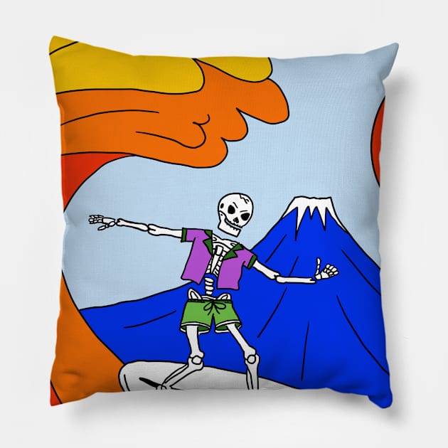 Skeleton Rides The Great Heatwave - survive the global warming Pillow by gekilemon