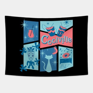 Mid-Century Modern Tiki Beatnik Funky Cat and Cocktail Tapestry