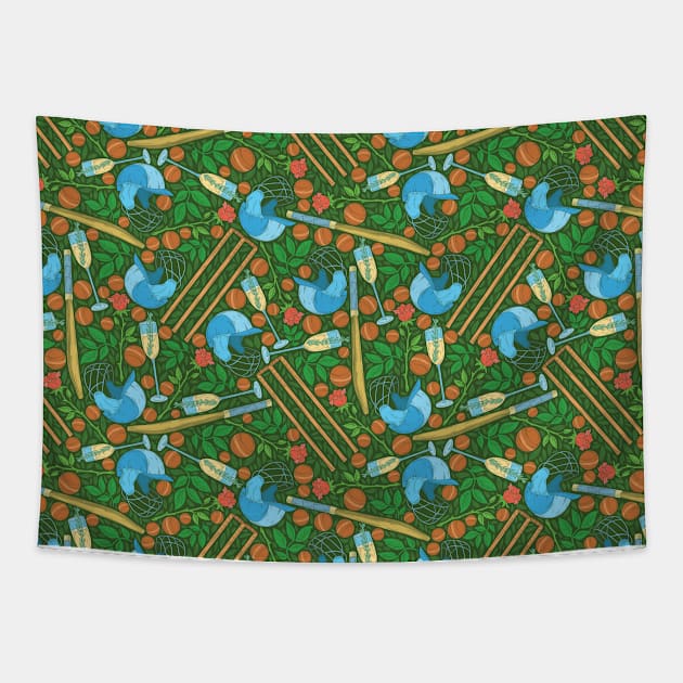 Blue helmet and cricket wickets on roses and balls field Tapestry by PinataFoundry