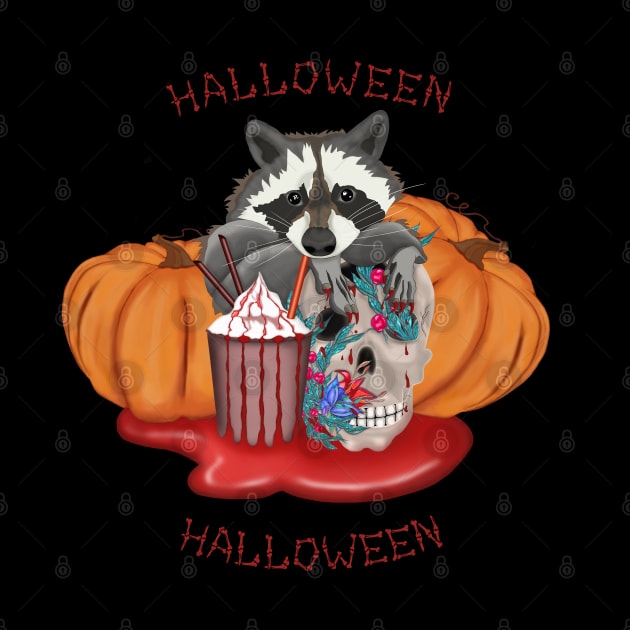 Halloween Raccoon with skull and pumpkins in the blood puddle by KateQR