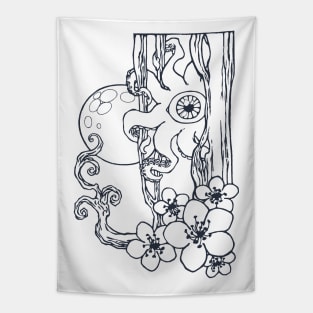 Full Moon Starfish Sakura Retro Black Colored Line Art Tapestry