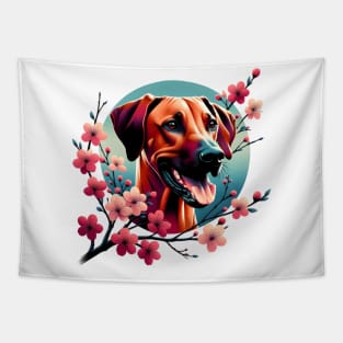 Rhodesian Ridgeback Enjoys Spring Cherry Blossoms Tapestry