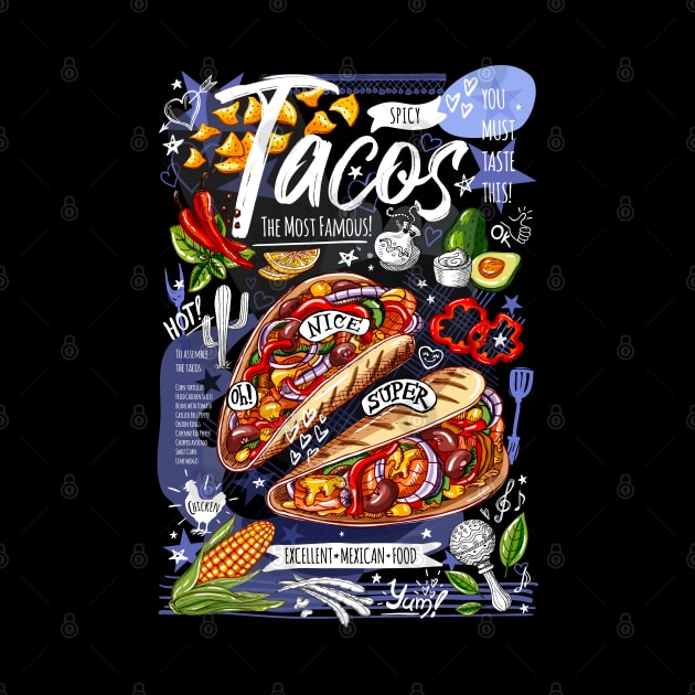 Food poster, food, Mexican, nachos, burritos, tacos, snack. by Iraida Bearlala