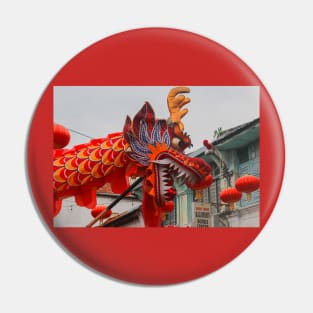 A closeup from the head of a long red dragon in profile Pin