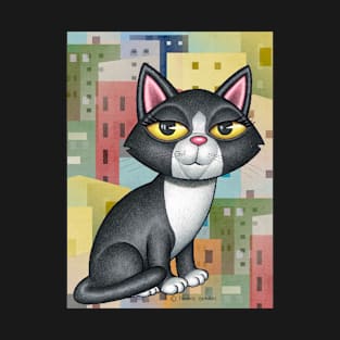 Black and white kitty cat with a cityscape with orange and yellow T-Shirt