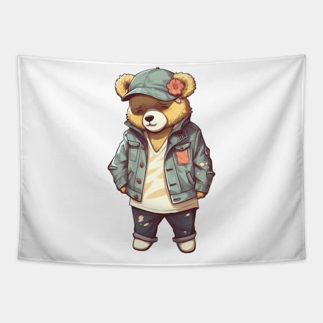 A cute teddy bear wearing street fashion Tapestry by AestheticsArt81