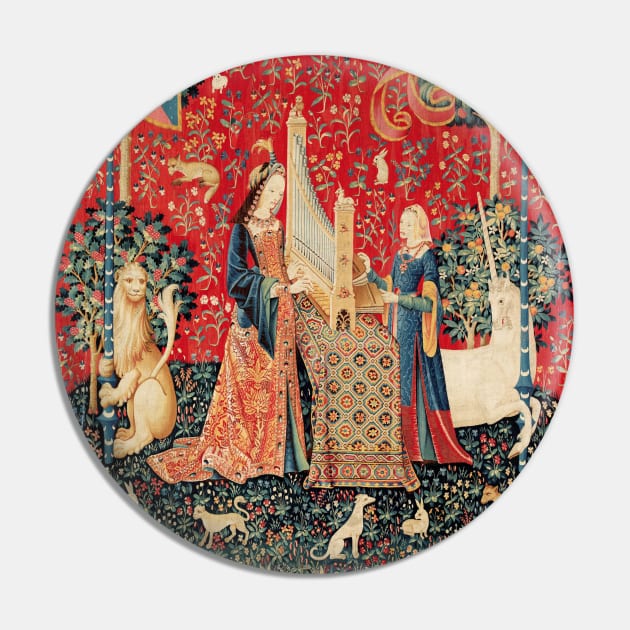 UNICORN AND LADY PLAYING ORGAN WITH ANIMALS,Hearing Pin by BulganLumini