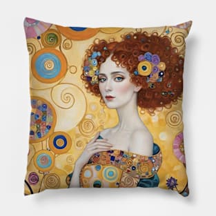 Gustav Klimt's Golden Aura: Inspired Woman in Ethereal Majesty Pillow