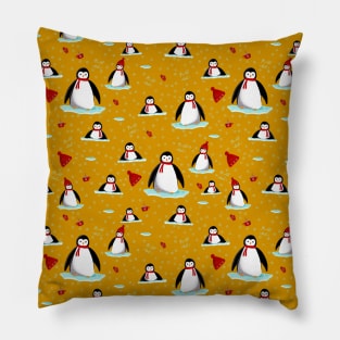 it's cold outside penguins seamless pattern mustard Pillow