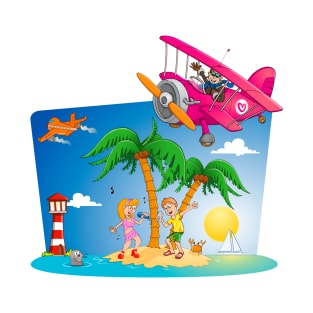 Two airplanes and a girl and boy on an island T-Shirt