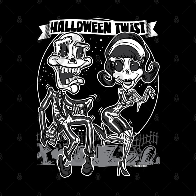 Skeletons dancing in the cemetery doing the Halloween Twist by eShirtLabs