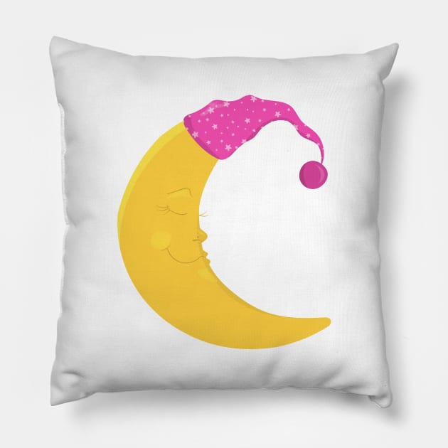 Sleeping Moon, Cute Moon, Yellow Moon, Nightcap Pillow by Jelena Dunčević