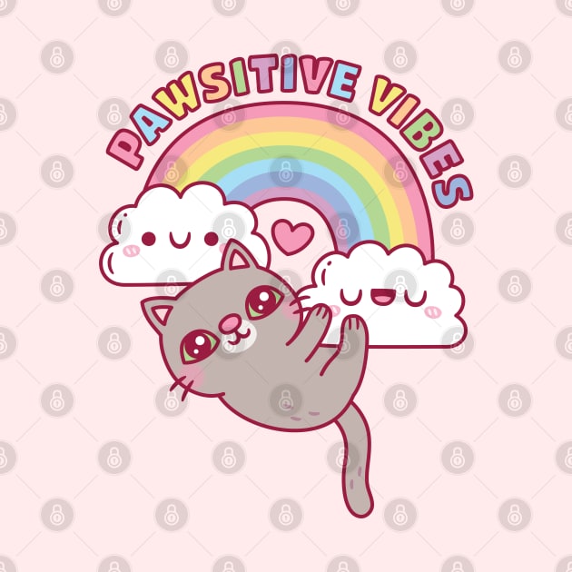 Cute Cat, Rainbow And Clouds, Pawsitive Vibes by rustydoodle