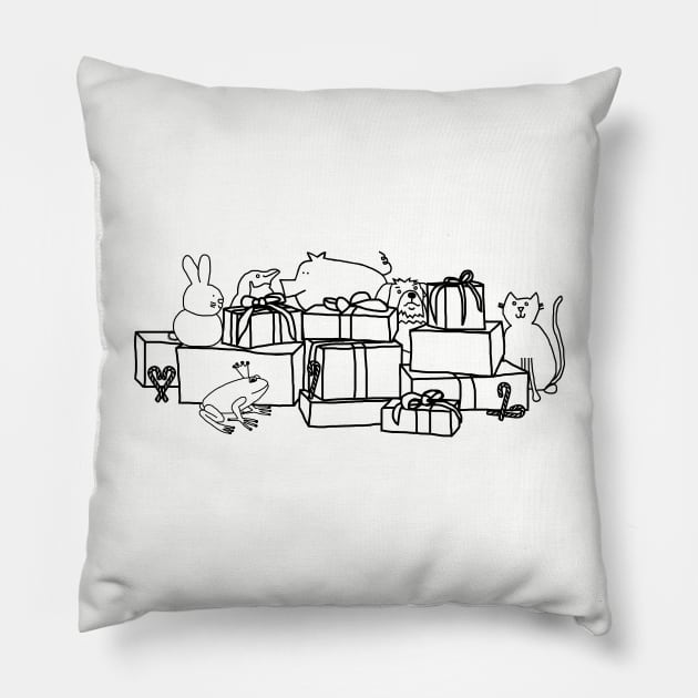 Minimal Christmas Gift Boxes and Cute Animals Line Drawing Pillow by ellenhenryart