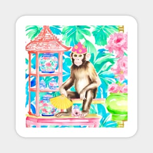 Preppy monkey with yellow fan in chinoiserie interior Magnet