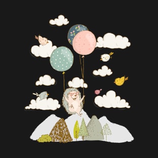 Floating Hedgehog in Sky - Whimsical Scene with Hedgehog and Birds T-Shirt