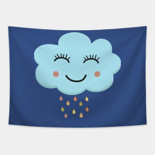 Happy blushing blue cloud with rainbow raindrops kawaii Tapestry